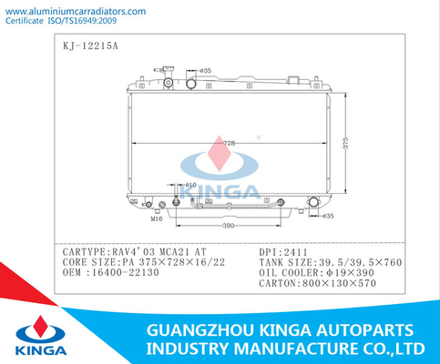2003 de Radiatormca21 OEM 16400-22130 van Toyota RAV4 PA 16/22 BIJ DPI 2411 leverancier