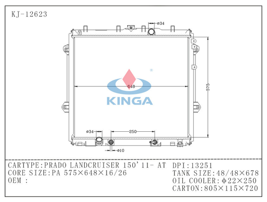 Autotoyota-Radiator voor PRADO LANDCRUISER 150 '11 Kern mm Thickness16/26 leverancier