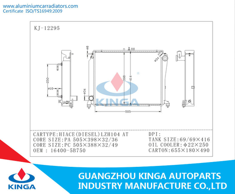 Van aluminiumtoyota de Radiatorhiace (DIESEL) LZH104 OEM 16400-5B750 PA26/BIJ leverancier