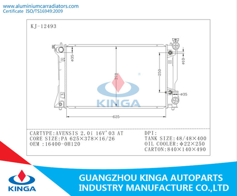 2003 Toyota-Radiator voor OEM van AVENSSIS 2.0I 16V 16400-0H120 PA16/26 BIJ leverancier