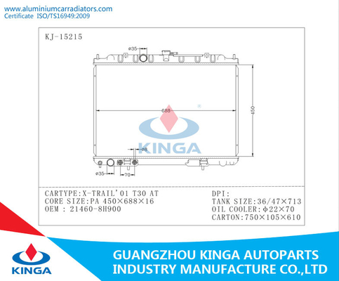 X - SLEEP 01 T30 van de Autoradiators van het Koelsysteemaluminium OEM 21460 - 8H900 BIJ PA16mm leverancier