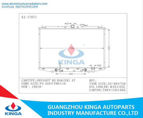 OEM 19010 Ontwerperradiators voor Honda-ODYSSEE 03 RA6 (het UK) BIJ PA 16mm leverancier