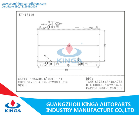 De autoradiator van de Vervangstukkenmotor voor 2010 Mazda 6 met de Plastic Tank van de Aluminiumkern leverancier