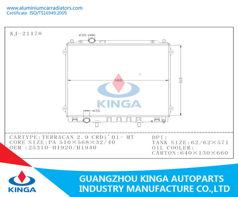 De Radiator TERRACAN 2.9 CRDi '01 - 25310 van Hyundai van het hoge Prestatiesaluminium - MT van H1320/H1940- leverancier