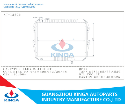 Het Aluminiumradiators Toyota HILUX 2.4D16400 van de Motoronderdelenauto - MT leverancier