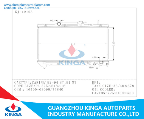 OEM 1640003090/74840 KIEL '92-94 ST191 de Radiator van MT Toyota voor Koelsysteem leverancier