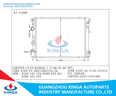 OEM Radiators 8100 343 476/8200 033 831/8200 343 476 Renault van de Aluminiumauto leverancier