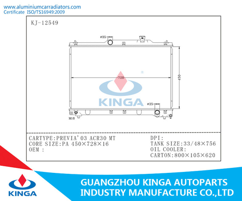 Het Aluminiumradiator Toyota Previa 2003 van de vervangstukkendouane ACR30-MT leverancier