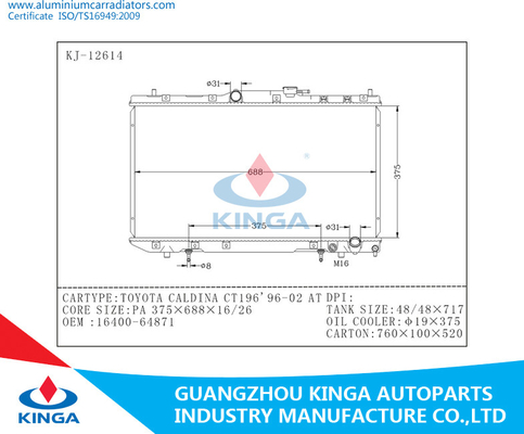 De Radiator van de Radiatorstoyota van auto Hoge Prestaties voor Caldina CT196 1996-2002 16400-64871 leverancier