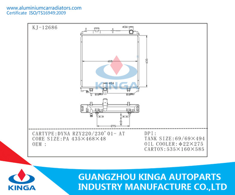 De Radiator van het hoge Prestatiesaluminium voor het Jaar 2001 Autotransmissie van Dyna RZY220/230 leverancier