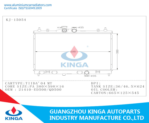 Van de Tiida '04 Nissan Radiator PA16 OEM 21410-ED500/van QD500 Koelradiator leverancier