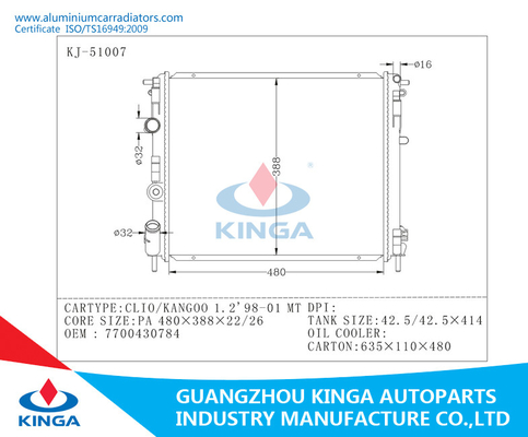 CLIO/KANGOO 1.2 98-01 van de het Aluminiumauto van MT RENAULT OEM 7700430784 van Raidators leverancier