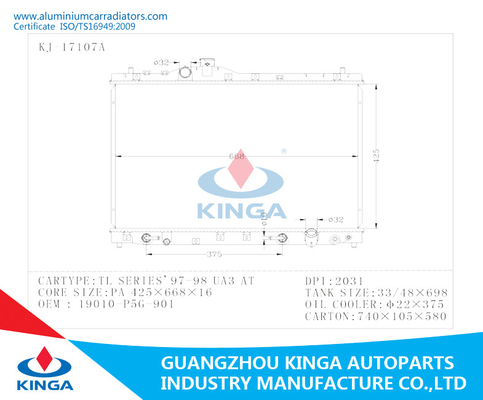 Honda-Autoradiator Auto Bijkomende TLSERIES 97-98 UA3 BIJ Watertank die Systerm-Vervanging koelt leverancier