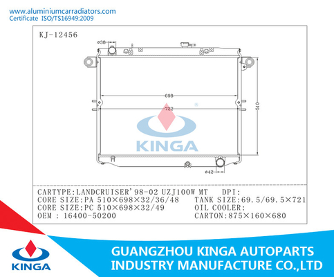 De Radiatorkern van aluminiumtoyota - TOYOTA LANDCRUISER'98-02 UZJ100W leverancier