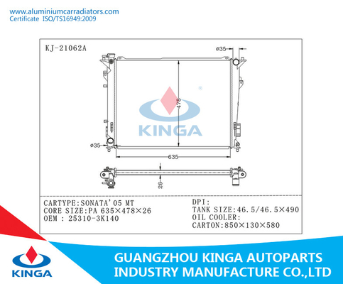 De Autoradiators van het hoge Prestaties Autoaluminium Hyundai Sontat 05MT leverancier