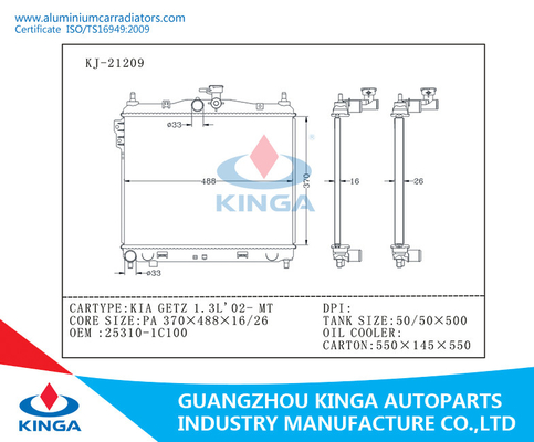 Beste Water Gekoelde Hyundai-Radiator PA370*488*16mm voor 1.3L'02-MT van KIA GETZ leverancier