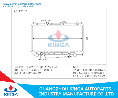 De Radiator van de de Vinkern van de aluminiumbuis in Auto voor Toyota Avensis 2001 AT220, OEM 16400 - 02280 leverancier