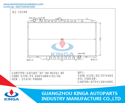 De Radiators van de het Aluminiumauto van de koelsysteemindustrie voor MT 21410-VB000 van Nissan SAFARI'97-99 WGY61 leverancier