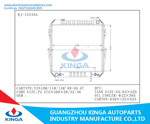 Autoautoradiator voor Toyota Vzn10#/11#/13# 89-95 bij Aluminiumkern met Plastic Tanks leverancier