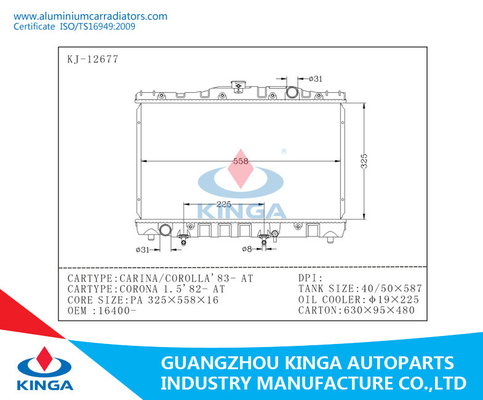 Toyota-de Radiators van de Aluminiumauto van Kiel/Corolla 83 ' bij voor vervanging leverancier