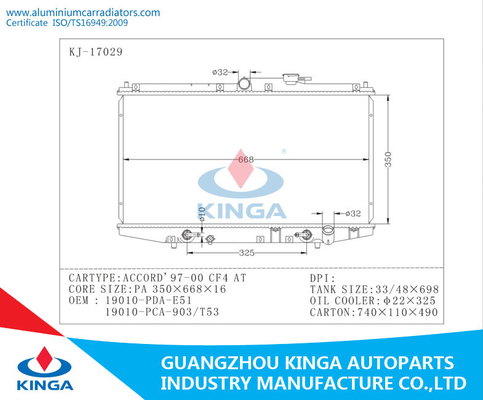 De Autoradiators van het douanealuminium voor HONDA-Voertuig ACCORD'97-00 CF4 /95-97 leverancier