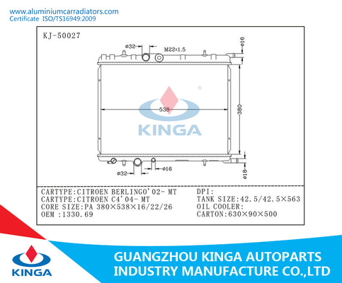 Het aluminiumradiator van de watertank voor PEUGEOT CITROE BERLINGO'02/CITROEN C4'04 leverancier