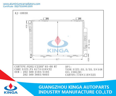 Van de het Aluminiumauto van MT 93-00 van W202/C220D de Radiatorsoem 2025002103/3103 voor BENZ leverancier