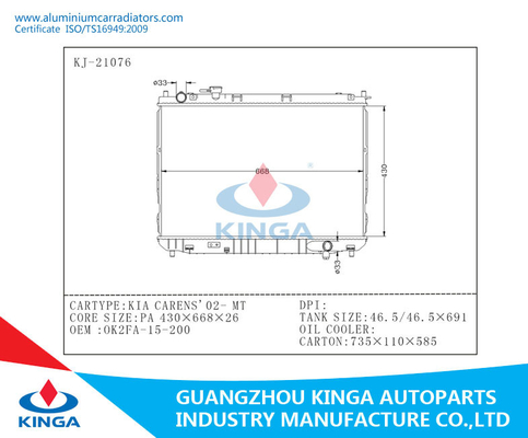 Kia-de Radiators van de Aluminiumauto voor Carens'02-MT, OEM 0K2FA-15-200 automobielradiator leverancier