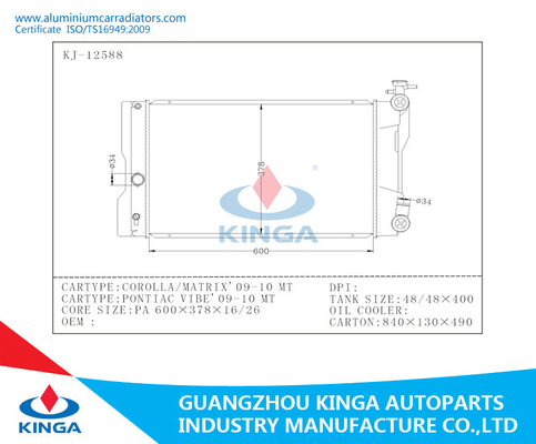 TOYOTA 2009 2010 COROLLA/MATRIJS/de Auto de Reparatie van de aluminiumradiator van PONTIAC VIBE leverancier