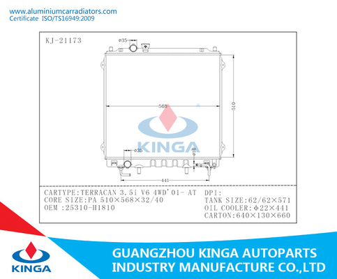 De Ventilator van olierdiator voor Hyundai 2001 Oem 25310-H1810 van Terracan 3.5i V6 4wd de radiator van het Reparatiealuminium leverancier