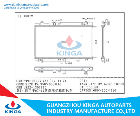 PA 350*638*16mm Radiators van de Aluminiumauto voor het Nieuwe Type van MT 07-11 van Chery Van'07-11 leverancier