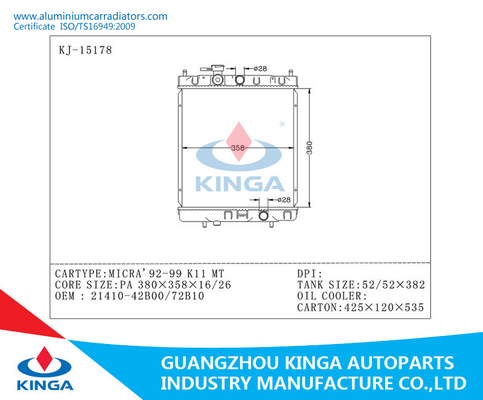 KJ-15178-PA16/26 Nissan-Radiator voor MT van MICRA'92-99 K11 met OEM 21410-42B00/72B10 leverancier