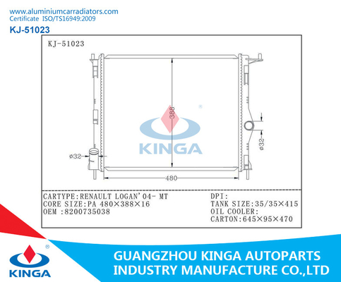 KJ-51023 de Radiator van het douanealuminium voor Renault-Logan'04-MT met OEM 8200735038 leverancier
