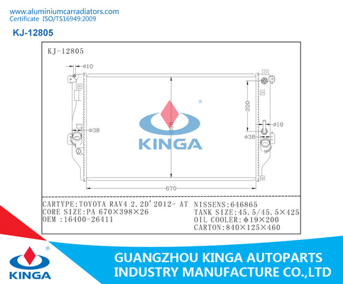 TOYOTA RAV4 2.2D 2012 BIJ de Radiatorsoem 16400-26411 van de Aluminiumauto leverancier