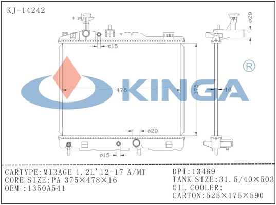 1350A541 de duurzame Radiators van de Aluminiumauto voor LUCHTSPIEGELING 1.2L 12-17 A/MT leverancier