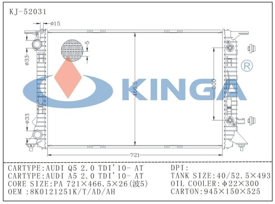 De Radiator van het Aluminiumtoyota van Volkswagen van Audi Q5 2,0 Tdi 2010 voor OEM 8K0121251K leverancier