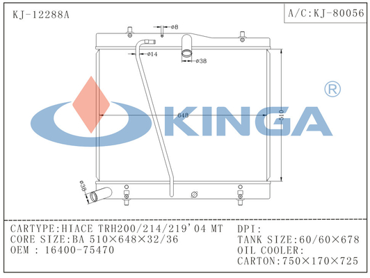 Dikte 26/32/36MM Toyota Radiator voor OEM Trh200/214/219 van MT 04 van Hiace ' 16400-75470 leverancier