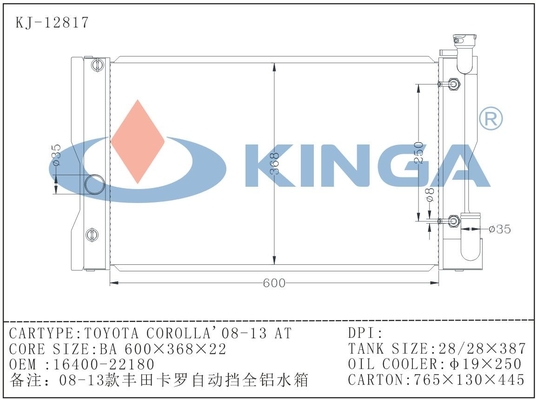 Dikte 22MM Toyota-Radiator voor COROLLA'08-13 BIJ 16410-22180/16410-22181/Od481 leverancier