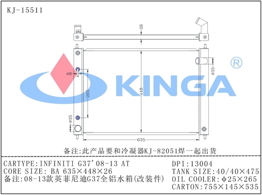 Nissan-de Radiators van de Aluminiumauto voor Infiniti G37'08-13 in Dpi 13004 leverancier