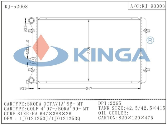 De Autoradiators van het dwarsstroomaluminium voor OEM van MT van SKODA OCTAVIA 1J0121253J/1J0121253Q leverancier