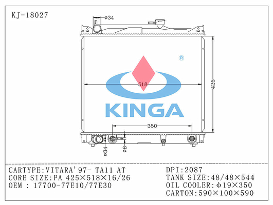 Van het de Motor de Koelaluminium van DPI 2087 Radiator van Suzuki voor Vitara '97 - Ta 11 leverancier