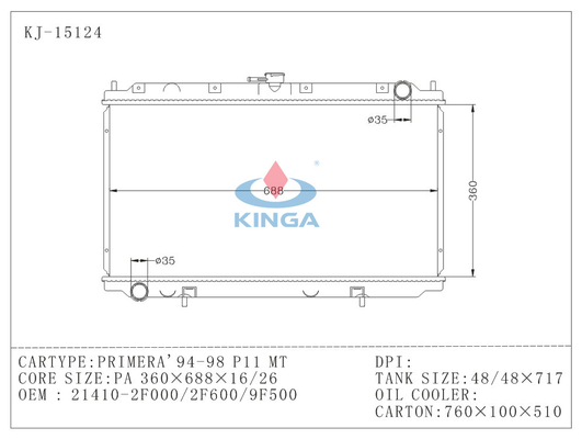 Automobiele de Radiatoroem 21410 2F000 2F6000 van Nissan Primera van 1998 van 1994 P11 leverancier