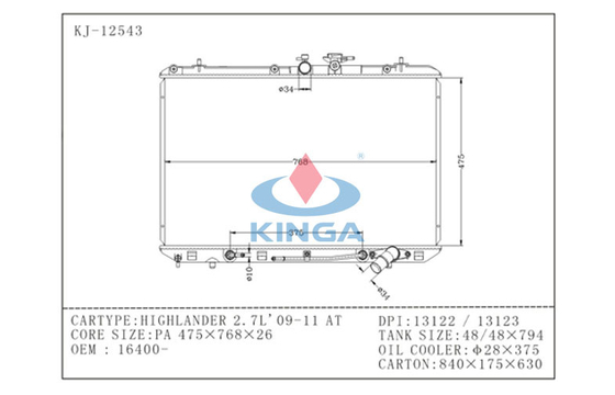 Automotor het Koelen Jaar van de de Bestelwagenradiator van Toyota van de Systeemauto 2.7L 09 - 11 leverancier